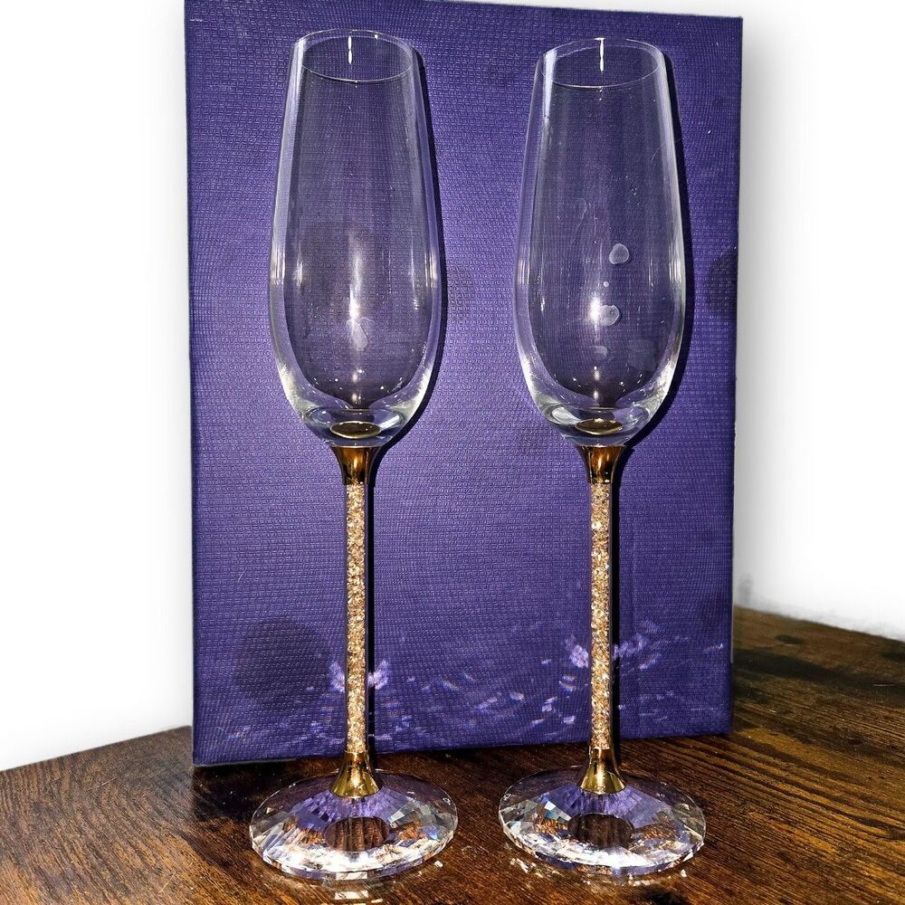 Swarovski Crystalline Toasting Flutes Gold Tone (Set of 2) Used in Box